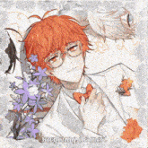 a drawing of a man in a suit and tie with purple flowers and the name saeyoung de meri on the bottom