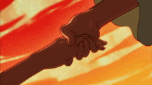 a couple of people holding hands in front of a red sky