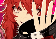a close up of a red haired anime girl with a black glove
