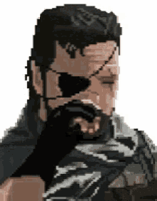 a pixel art of a man holding a gun and wearing a blindfold