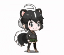 a cartoon drawing of a skunk girl dancing with snowflakes in the background