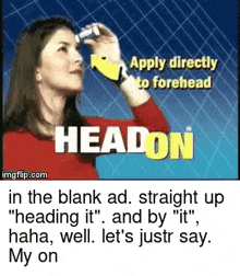 a woman in a red shirt is holding a bottle of headon eye drops