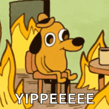 a cartoon dog is sitting in front of a fire with the words yippeeee below it