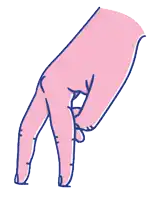 a drawing of a pink hand with a blue outline pointing down