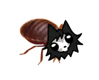 a cartoon drawing of a bed bug with a black and white face