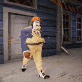 a cartoon character is walking in front of a building with a sign that says 39