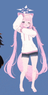 a cartoon girl with pink hair and a white shirt
