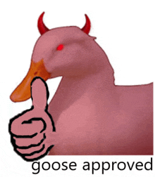 a pink goose with red horns gives a thumbs up sign
