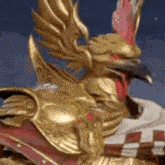 a close up of a statue of a rooster with wings and a red and white scarf .