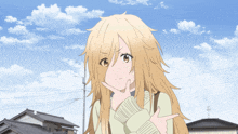 a girl with long blonde hair has her hand on her chin in front of a blue sky with clouds
