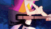 a cartoon character is playing a bass guitar in a dark room .