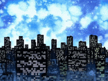 a city skyline at night with a blue sky and clouds in the background