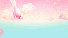 a girl is standing on top of a bed with a pink blanket