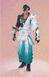 a man in a blue and white outfit with a sword