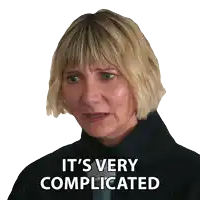 a woman with short blonde hair says it 's very complicated on a white background