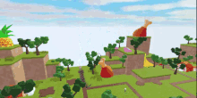 a cartoon landscape with a pineapple and a chicken leg on top of a hill