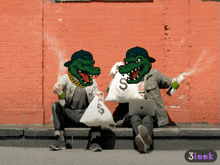 a couple of alligators sitting on a sidewalk with a 3look logo