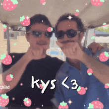 a picture of two men with strawberries and the words kys < 3 written on the bottom
