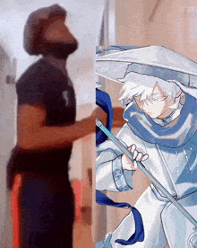 a man is standing next to a drawing of a boy with a sword