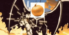 a dragon with a picture of an onion on its head is flying through the air .