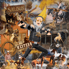 a collage of cowboys and horses with a sign that says saloon on it