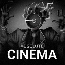 a poster for absolute cinema shows a man with a clock on his head