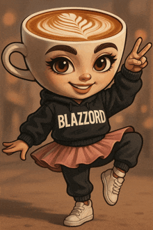 a girl with a hoodie that says blazzard is dancing in front of a cup of coffee