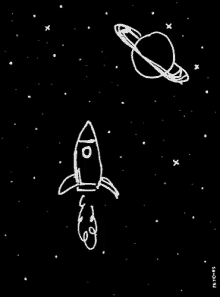 a black and white drawing of a rocket and a planet in space .