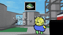 a cartoon character stands in front of a building with a picture of a globe on it