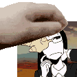 a cartoon character with glasses and a hat is being touched by a person 's hand .