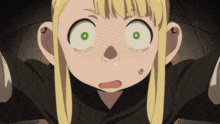 a cartoon character with blonde hair and green eyes