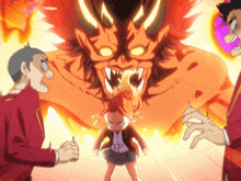 a man and a girl are standing in front of a monster with flames coming out of its mouth