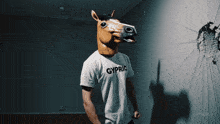 a man wearing a horse mask is wearing a gypric shirt