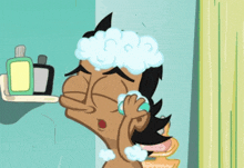 a cartoon of a man taking a bath with soap on his head