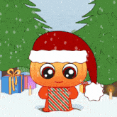 a cartoon character wearing a santa hat holding a gift box