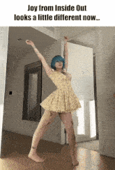 a woman in a yellow dress is dancing in a room with the caption joy from inside out looks a little different now ...