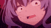a close up of a purple haired anime girl with a surprised expression on her face