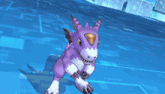 a purple and white cartoon character with a yellow eye