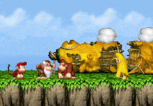 a video game scene with monkeys standing in front of a yellow building