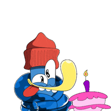 a cartoon character wearing a red hat is holding a pink birthday cake