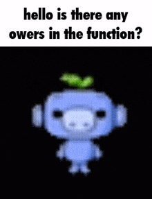 a cartoon character is standing in front of a black background with the words `` hello is there any owers in the function '' .