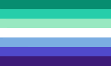 a flag with blue , green , white and purple stripes on a white background