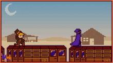 a pixel art drawing of a man and a purple monster