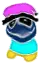 a cartoon character wearing a purple hat , blue shirt , and yellow shoes .