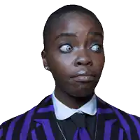 a woman wearing a purple and black striped jacket and tie looks surprised