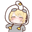a cartoon girl is wearing a duck costume with a duck head .