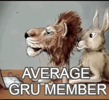 a lion and a rabbit are sitting next to each other at a table .