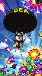 a dog is flying through the air on a parachute that says dea