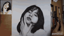 a black and white drawing of a woman 's face is made in animatica