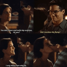 a man and a woman are kissing and the man says " did i mention the flying "